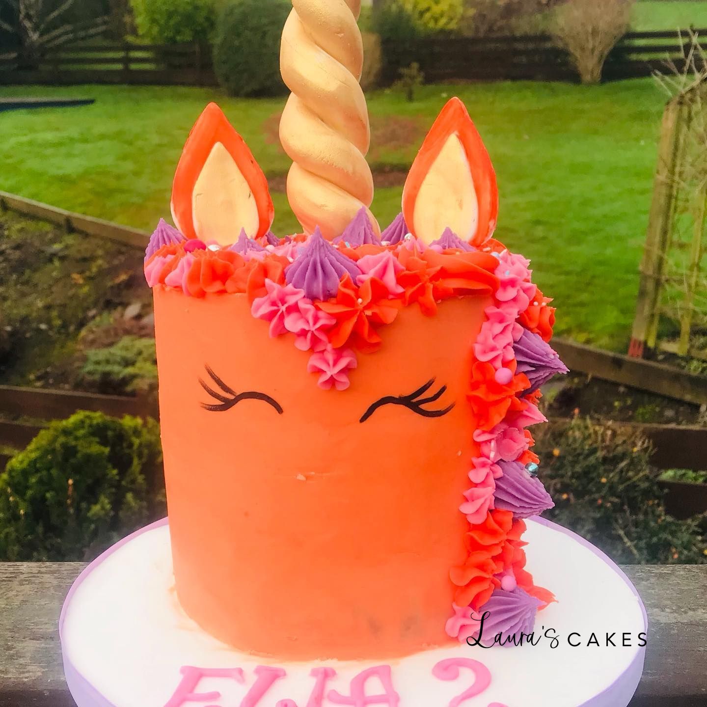 Celebration cake: A unicorn face on top