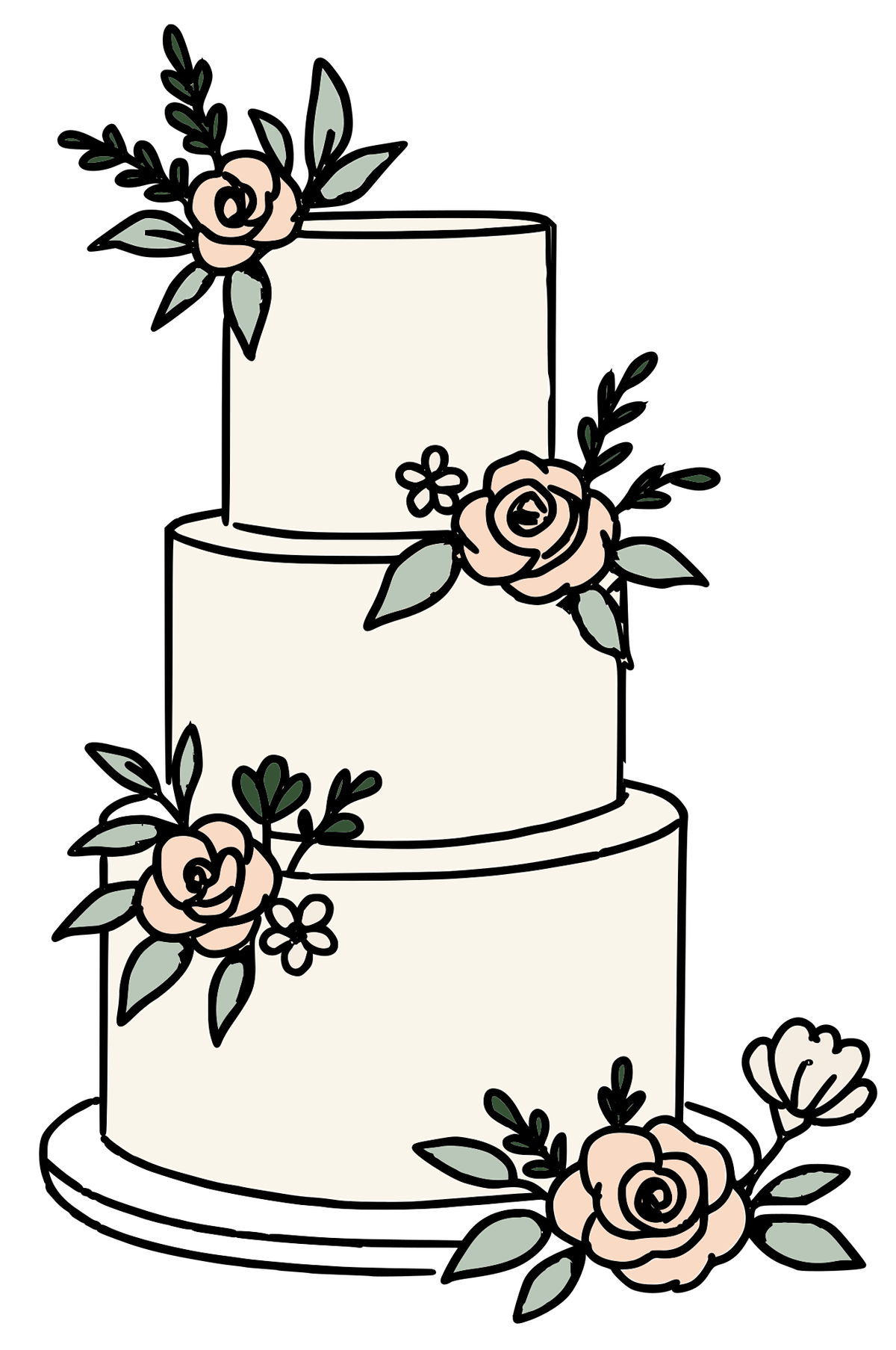 Illustration of 3 tier wedding cake with flowers on it