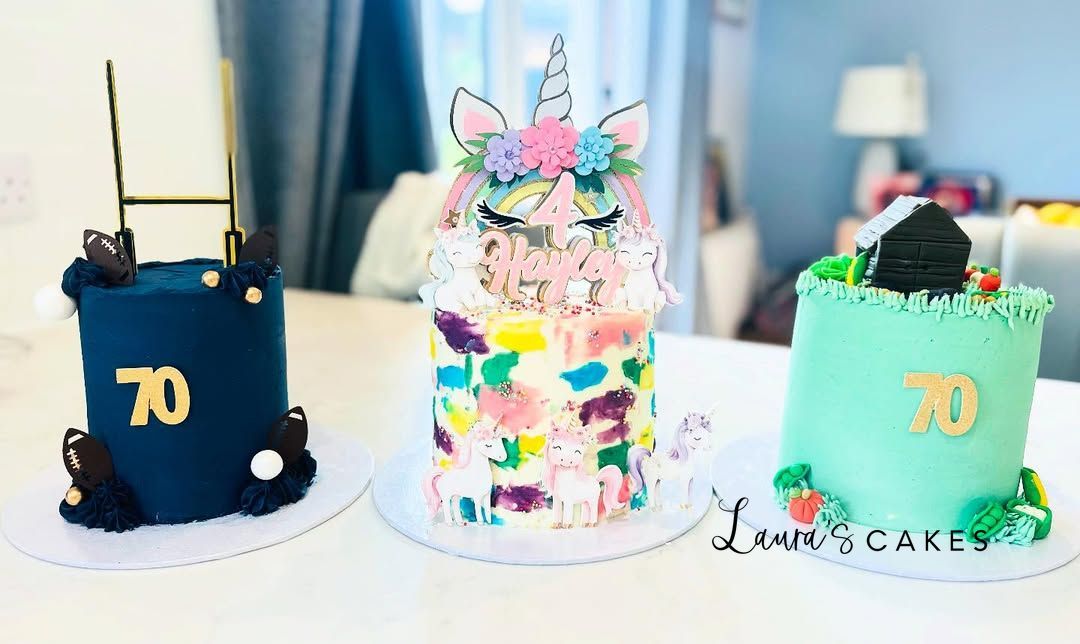 Celebration cake: Three cakes with different designs on them