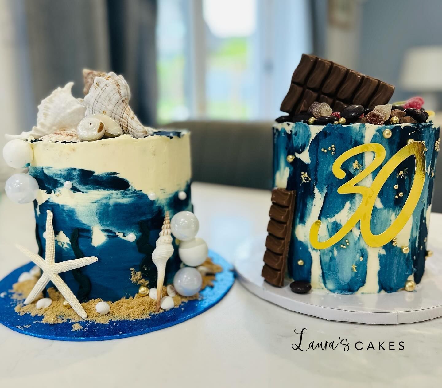 Celebration cake: Two cakes with different types of food on them