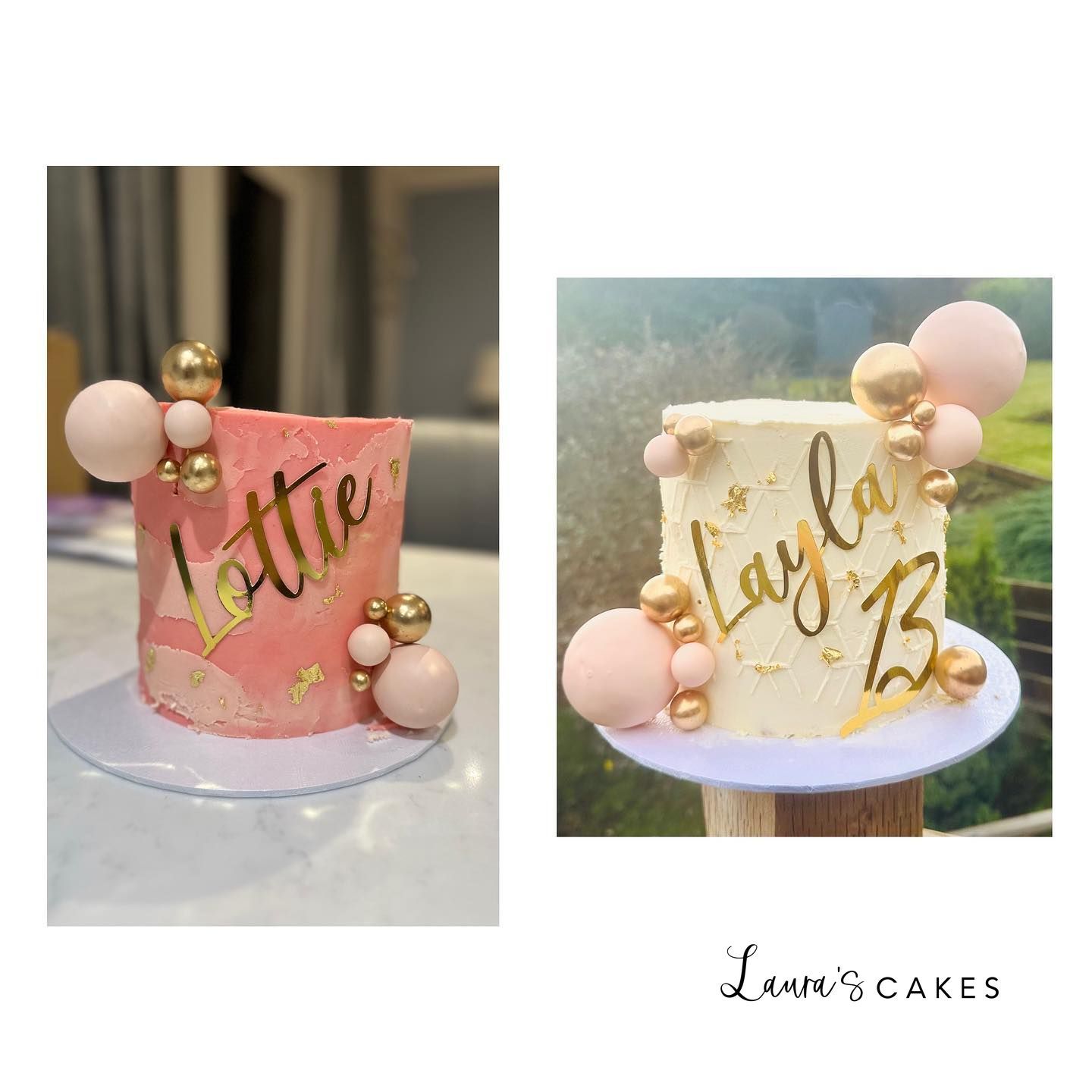 Celebration cake: Two cakes with gold letters and pink frosting