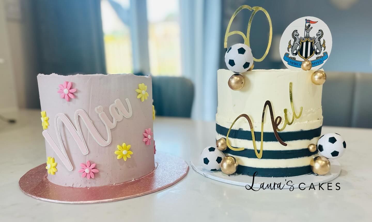 Celebration cake: Two cakes with the word love and a soccer ball on top